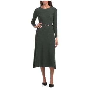 Elie Tahari Merino Wool Long Sleeve Crew Neck Belted Midi Dress
